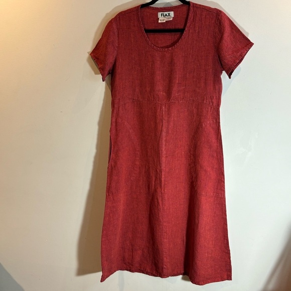 FLAX Petite Sz L Dress Aline Pockets 100% Linen Midi Length Unlined - Picture 1 of 7